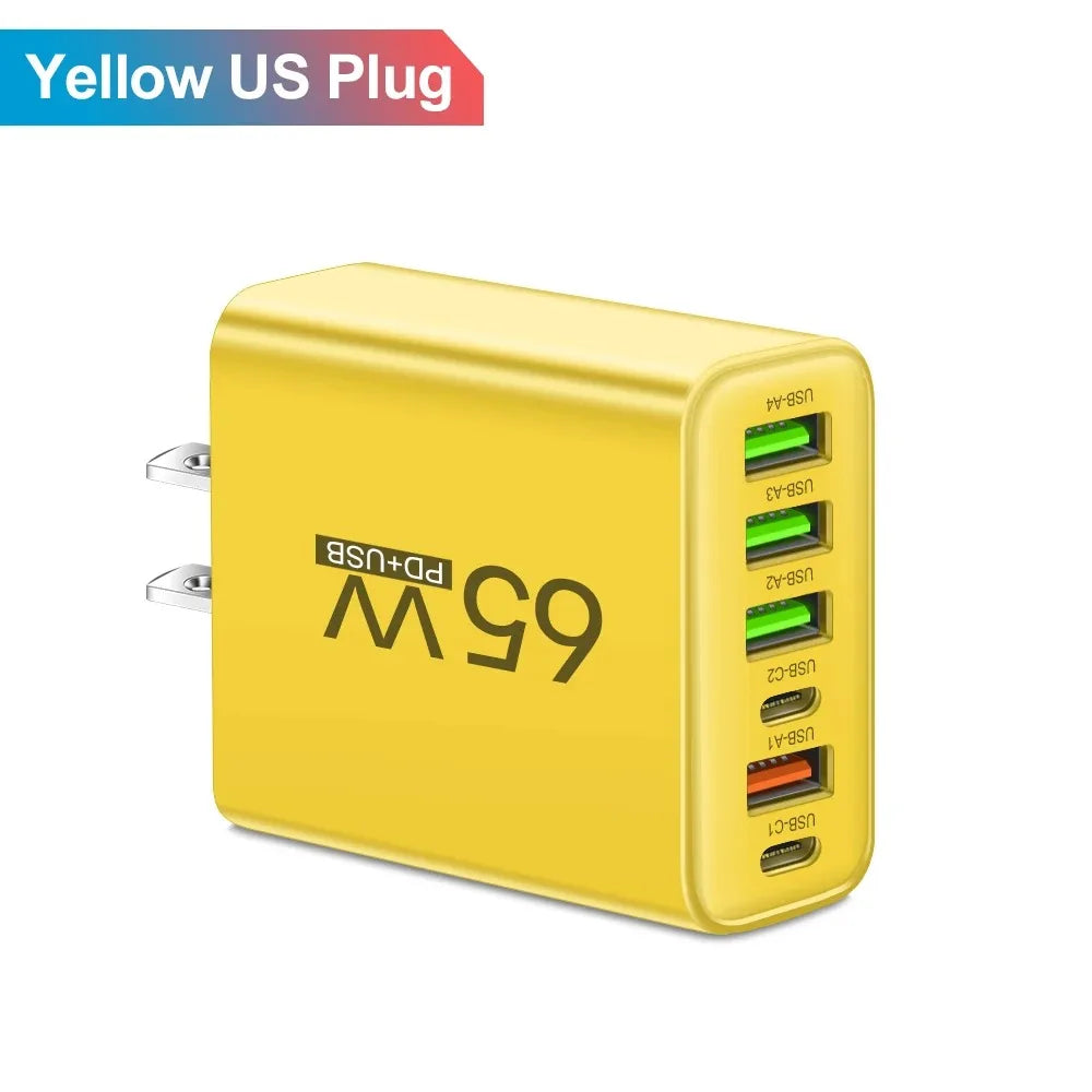 65W 6-Port USB Charger (2x USB-C + 4x USB-A) QC3.0 Fast Charge Travel Wall Adapter for Smartphones