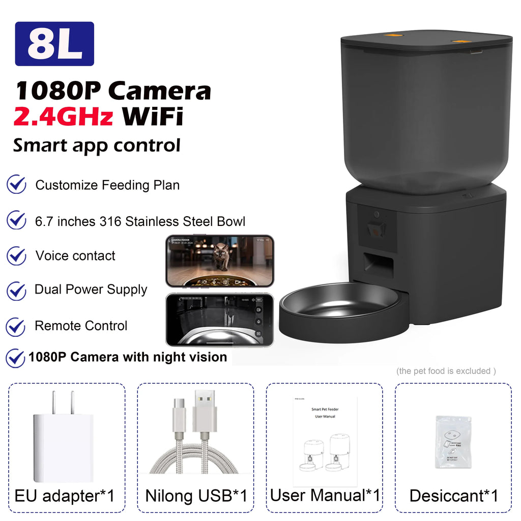 8L Automatic Pet Feeder with 1080P Camera, 2.4/5GHz WiFi, Stainless Steel Bowl, App Control & Voice Recorder