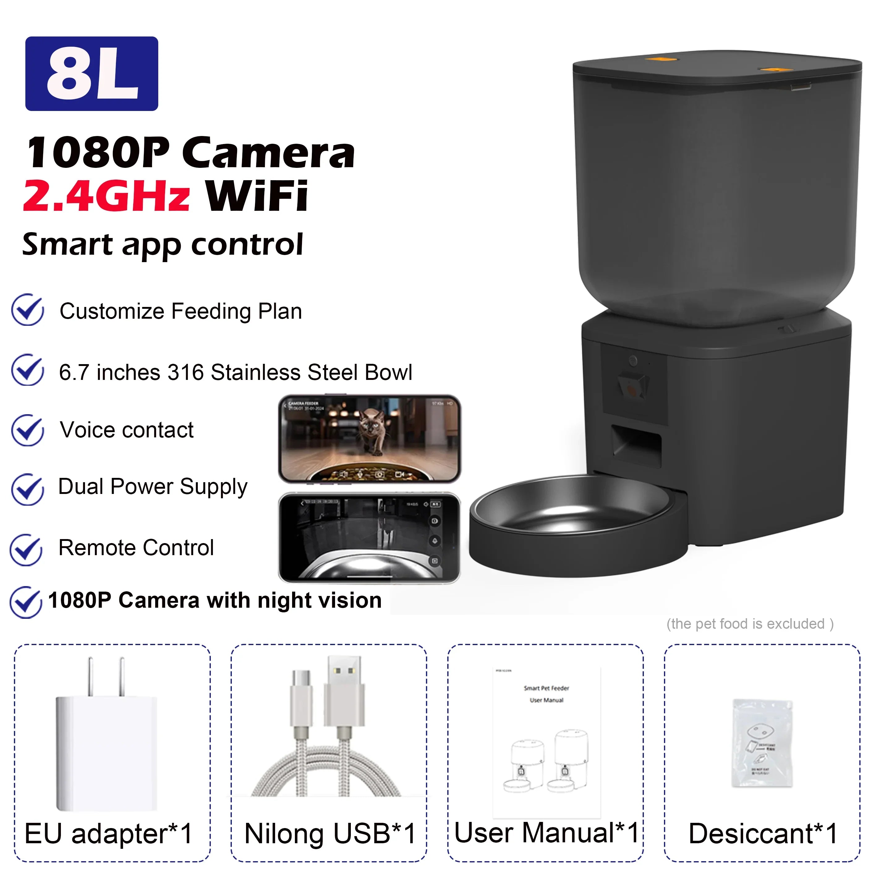 8L Automatic Pet Feeder with 1080P Camera, 2.4/5GHz WiFi, Stainless Steel Bowl, App Control & Voice Recorder