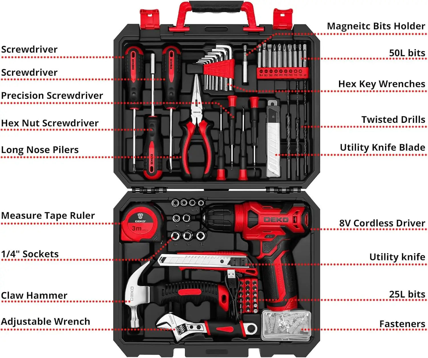 8V Cordless Drill 126-Piece Home Tool Kit - Red Electric Drill & Hand Tools for DIY