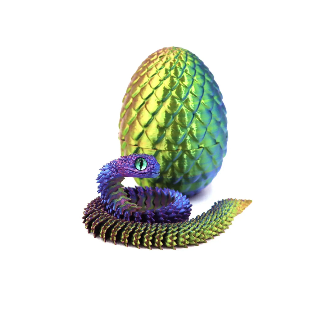 3D Printed Articulated Snake & Dragon Egg (22 cm / 8.7 in snake, 8 cm / 3.1 in egg) — Movable Joint Desktop Ornament, Fidget Toy & Anime Collectible