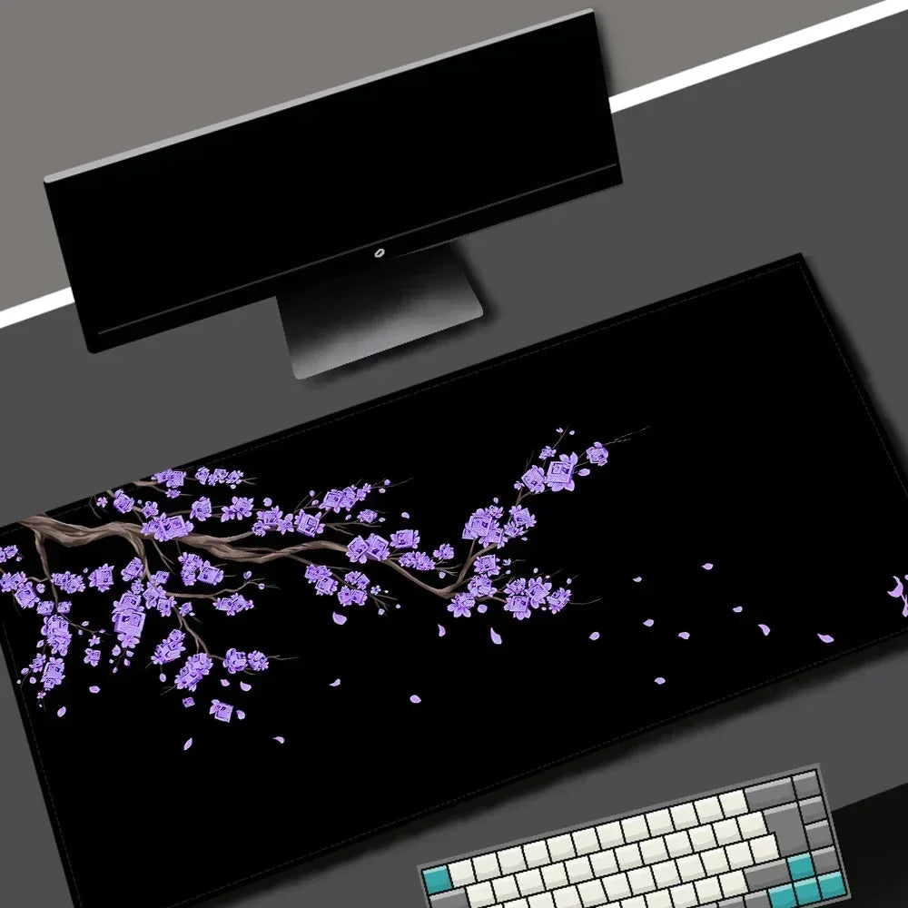 Black Sakura Cherry Blossom Gaming Mouse Pad — Kawaii Purple Large Non-Slip Desk Mat