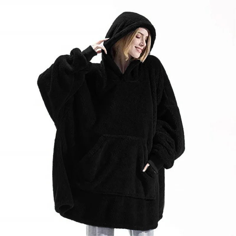 Women's Thick Winter Fleece Hooded Pullover Jacket – Double-Layer Warm Long Hoodie with Pockets