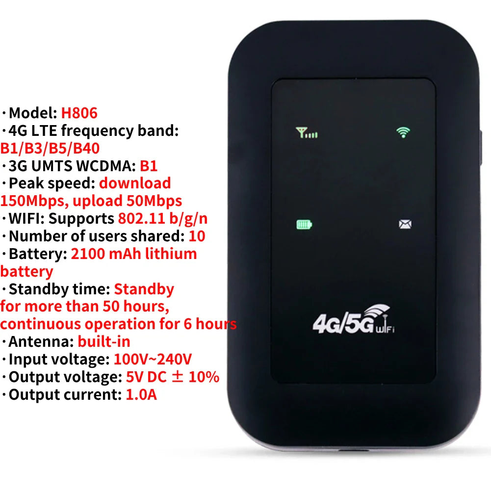 4G LTE Pocket WiFi Router 150Mbps Portable MiFi Hotspot with SIM Slot, 2100mAh Battery for Travel Home Office RV