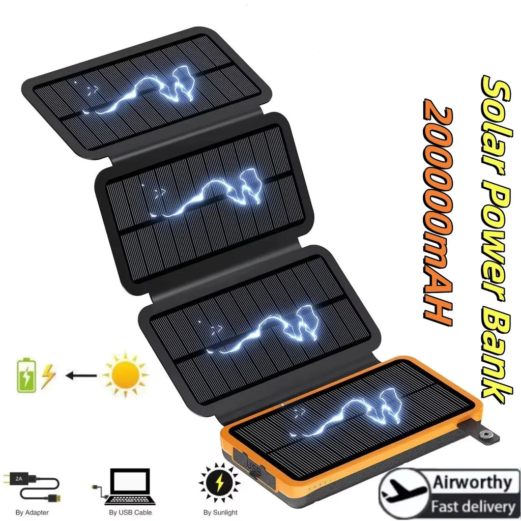 200,000mAh Solar Power Bank with Folding Solar Panels 120W Portable Charger with Built-in Cables USB-C USB-A Lightning Flashlight Digital Display for iPhone Android