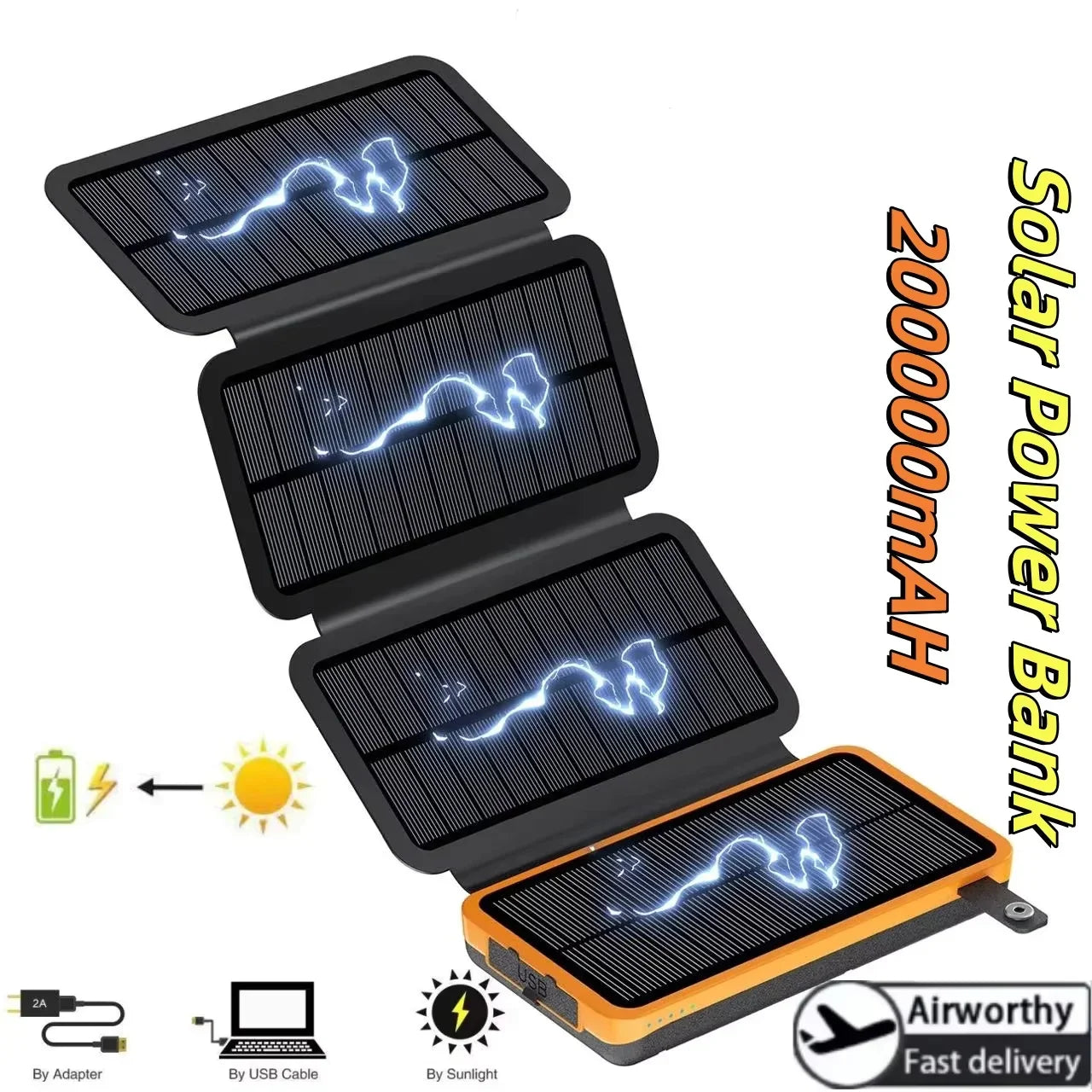 200,000mAh Solar Power Bank with Folding Solar Panels 120W Portable Charger with Built-in Cables USB-C USB-A Lightning Flashlight Digital Display for iPhone Android