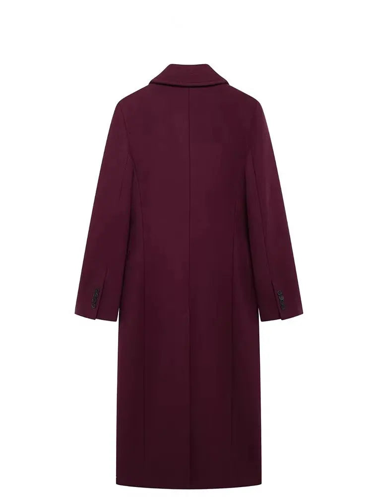 Women's Burgundy Double-Breasted Wool-Blend Coat - Long Sleeve Lapel Jacket, Autumn Winter Outerwear