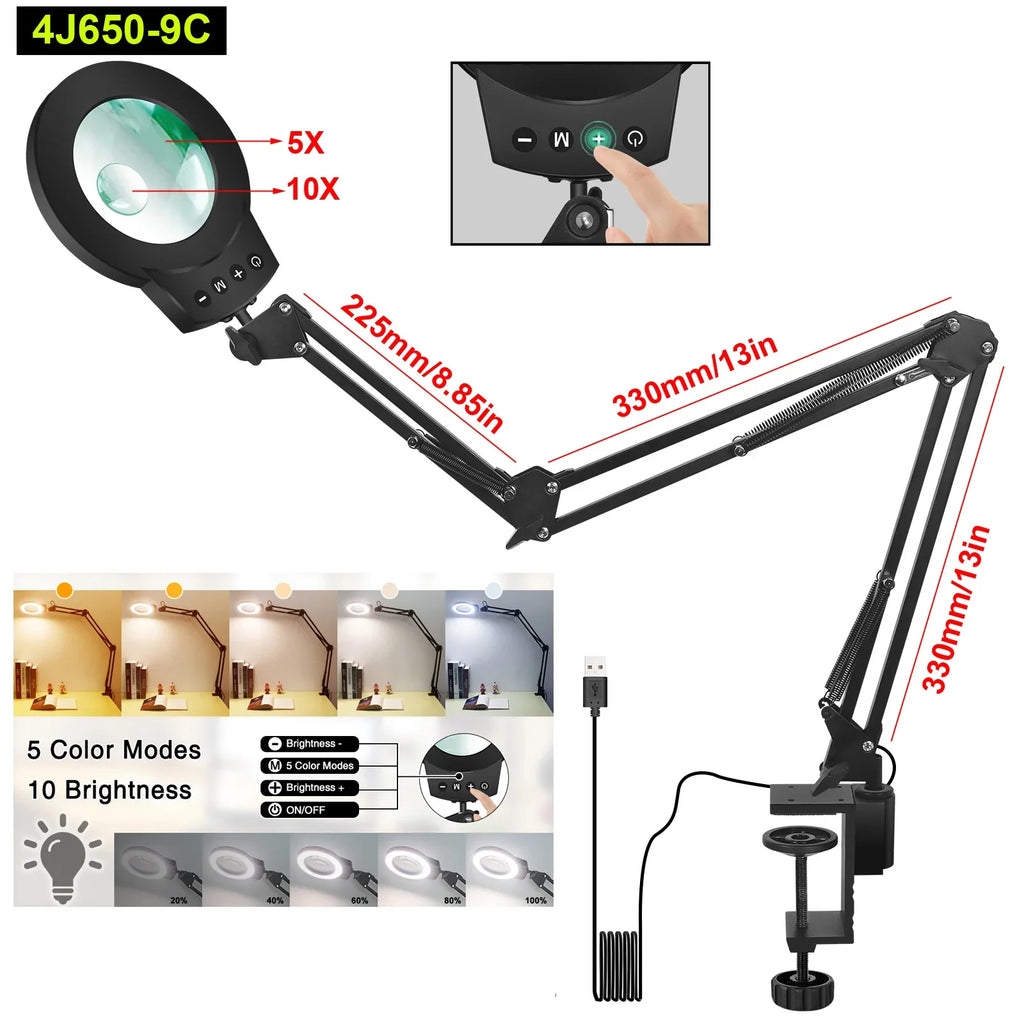 Adjustable Swing-Arm Magnifying Lamp 5X/10X with 110mm Lens, 5-Color Touch LED Clamp Light for Reading Jewelry Repair Electronics