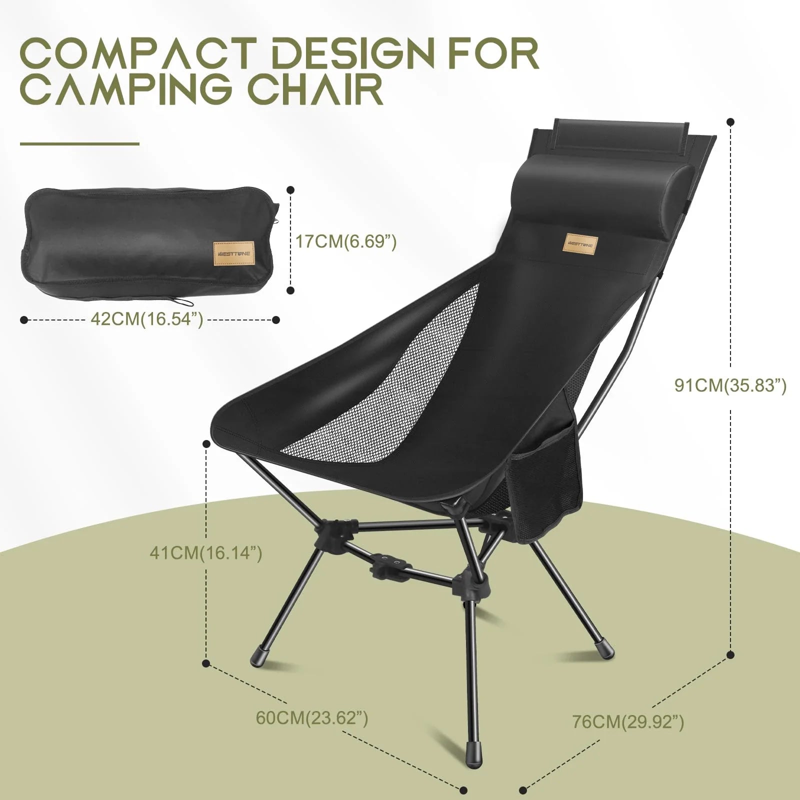 Ultralight Foldable Moon Camping Chair with Headrest, Portable Fishing & Travel Chair with Pillow and Carry Bag