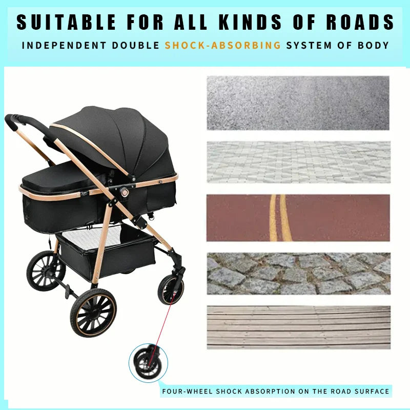 3-in-1 Luxury Baby Stroller Foldable Portable Travel Stroller with Aluminum Frame Reversible Lay-Flat Seat for Newborn