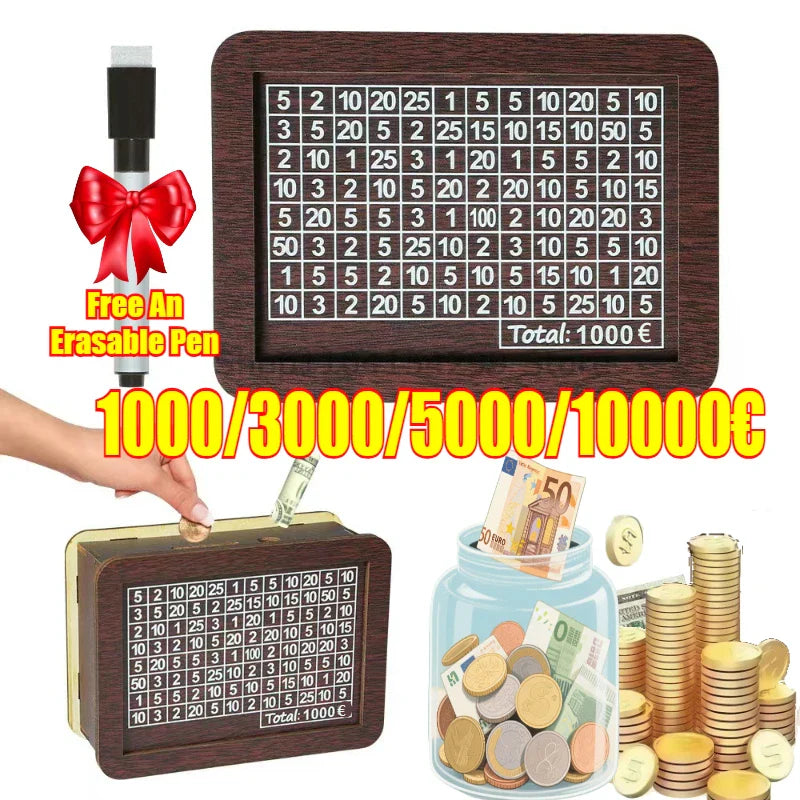 Handmade Natural Wooden Piggy Bank with Goal Counter – Decorative Savings Box for Kids & Adults