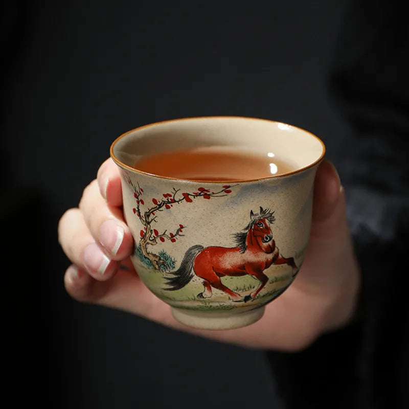 Handmade Zodiac Ceramic Teacup 110ml (3.7 fl oz) Vintage Pottery Tea Bowl for Meditation & Gongfu Tea