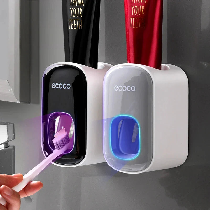 Automatic Wall-Mounted Toothpaste Dispenser with Toothbrush Holder — Suction Adhesive, Black/Gray