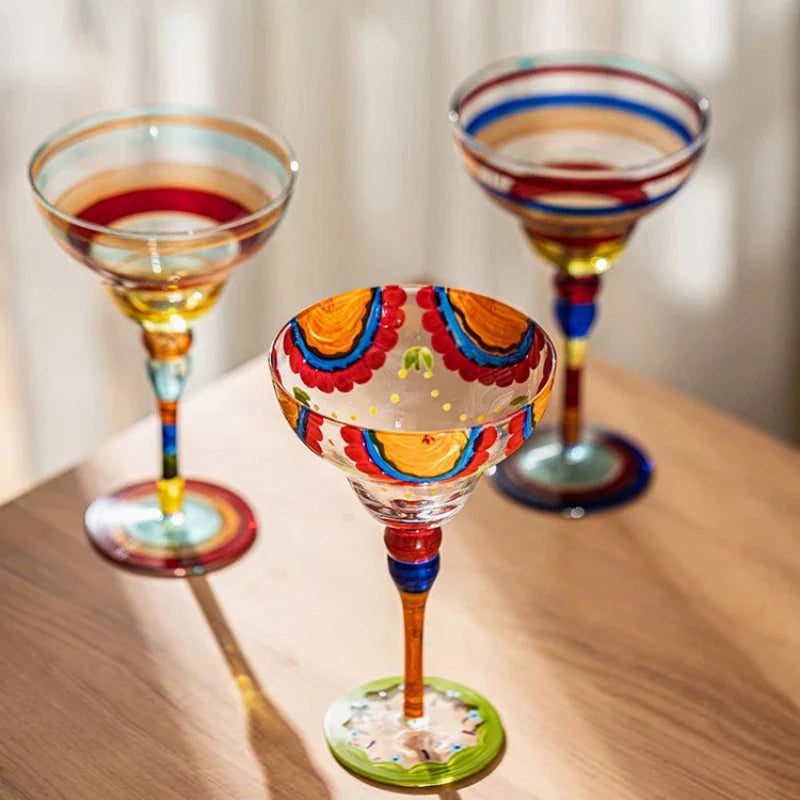 Handmade Colorful Margarita and Champagne Cocktail Glasses Set, Creative Glassware for Home Bar, Weddings and Parties