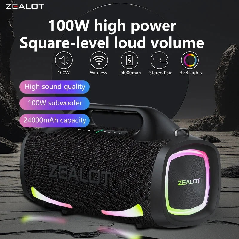 100W Wireless Bluetooth Portable Outdoor Speaker with Subwoofer, 24000mAh Fast-Charging, Dual Pairing, HiFi Bass, Waterproof