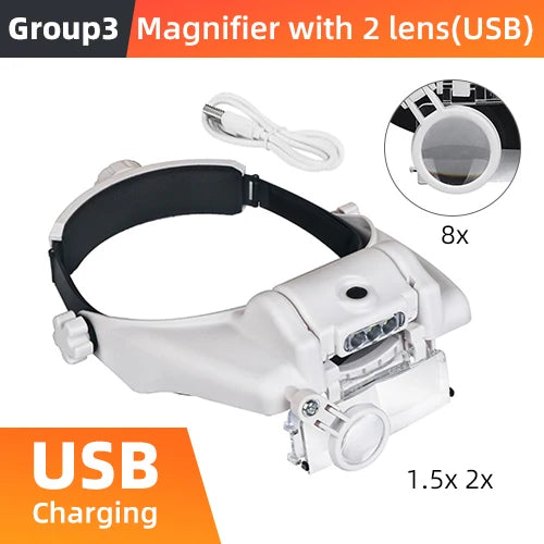 LED Headband Magnifier Hands-Free with Interchangeable Lenses 1.5x–8x for Jewelry, Watch & Electronics Repair