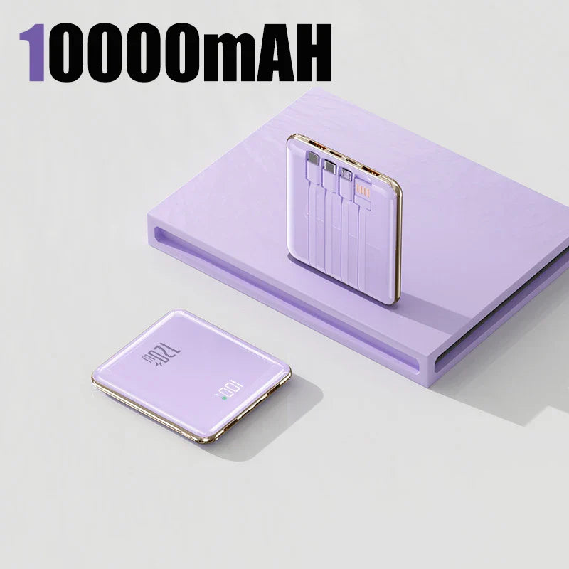 50000mAh Mini Power Bank - Large Capacity Fast Charging Portable Charger with 4 Built-In Cables (USB-C, Lightning, Micro USB) for Smartphones