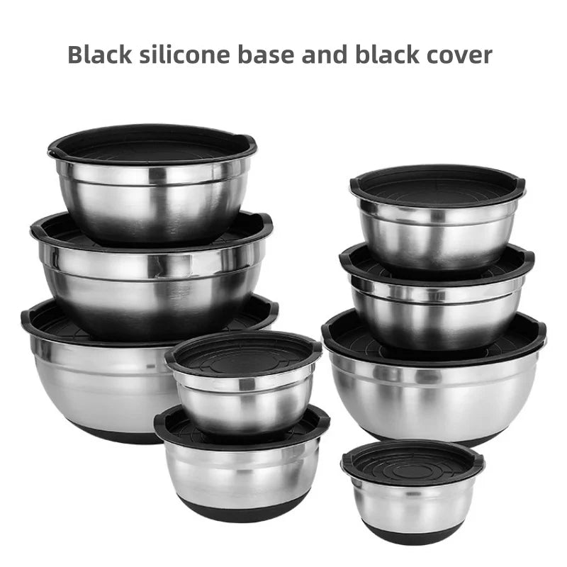 6-Piece Stainless Steel Mixing Bowls with Lids & Silicone Non-Slip Bases — Thickened Baking and Salad Bowls