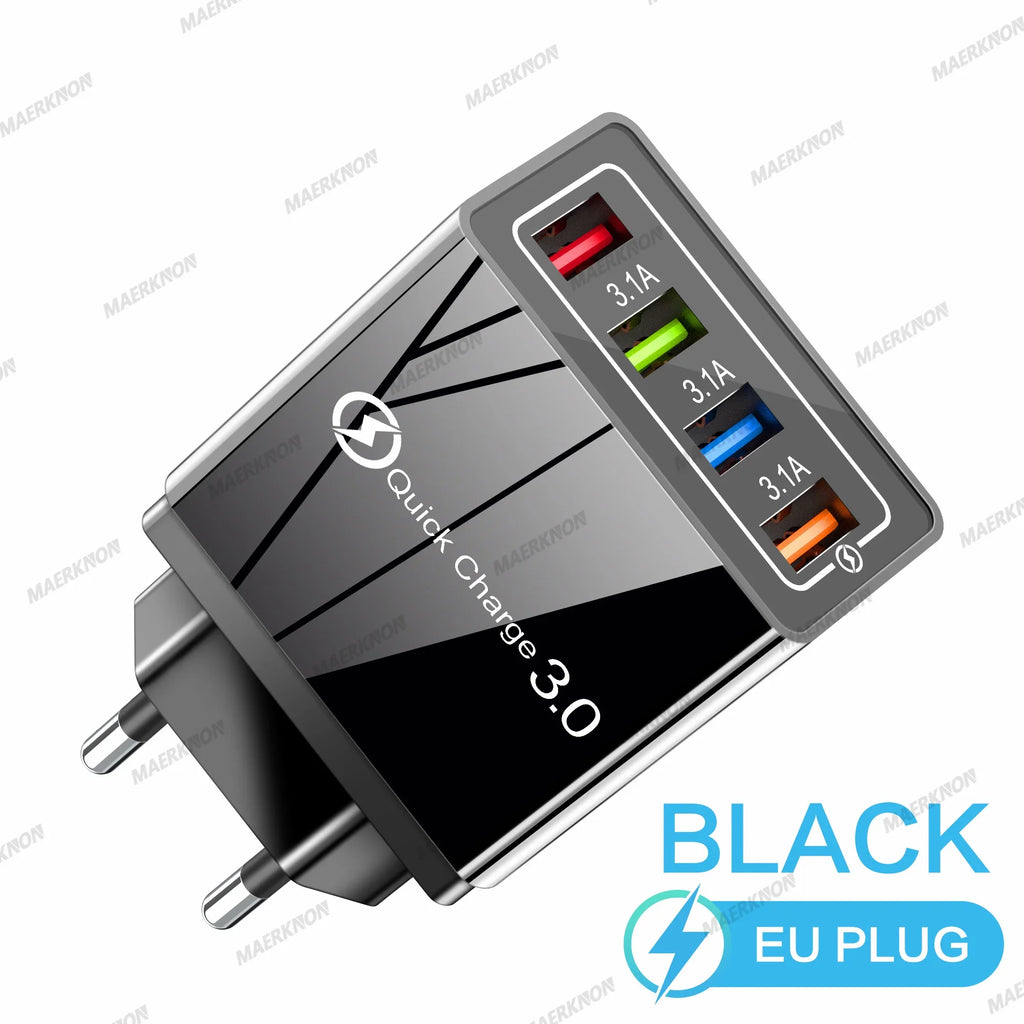 4-Port USB-A Wall Charger QC 3.0 3.1A Fast Travel Charger, 45W Total, US/EU Plug