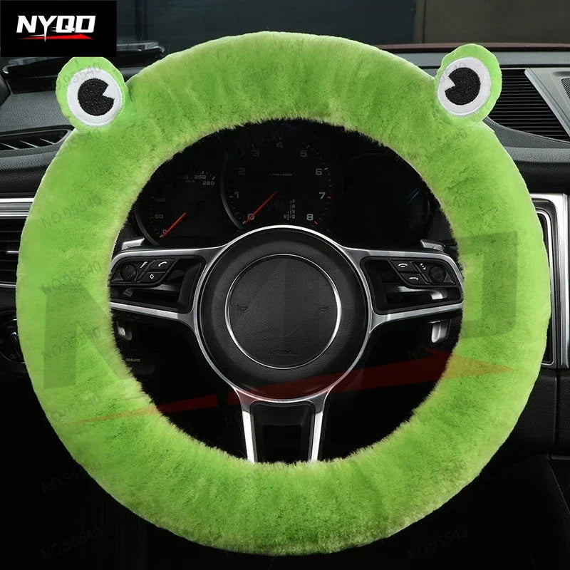 Plush Wool Steering Wheel Cover, Cartoon Frog Short Fur Car Wheel Protector, Fits 35–42 cm (13.8–16.5 in)