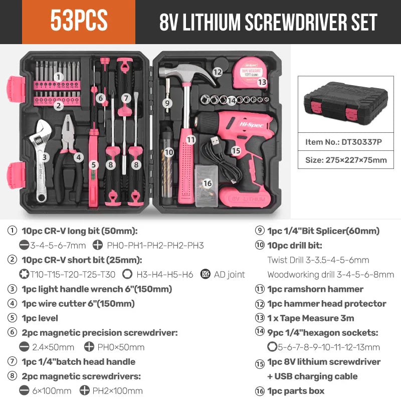 Pink Cordless Electric Screwdriver & Home Repair Tool Kit - Complete Set with Drill Bits, Hammer & Carry Case
