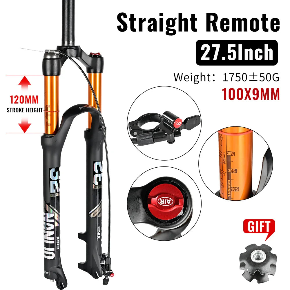 MTB Suspension Fork – Solo Air & Oil Damping, Quick Lockout, Magnesium Alloy, Disc Brake Compatible, Fits 26/27.5/29 in Wheels (Straight or Tapered Steerer)