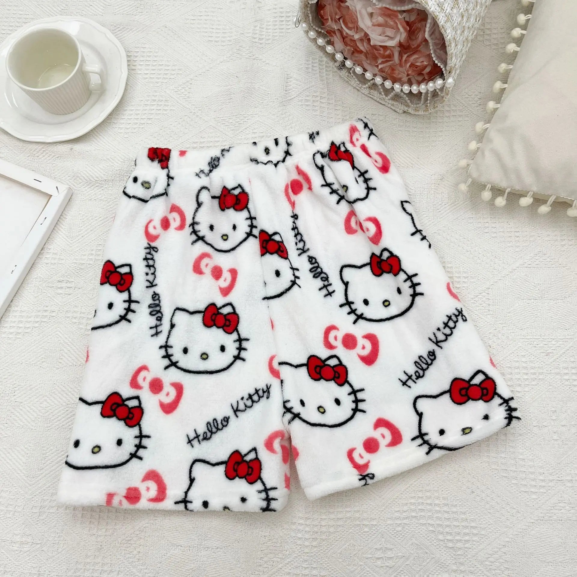Hello Kitty Flannel Pajama Pants – Kawaii Cartoon Velvet Lounge Pants for Girls & Women, Fall Winter Home