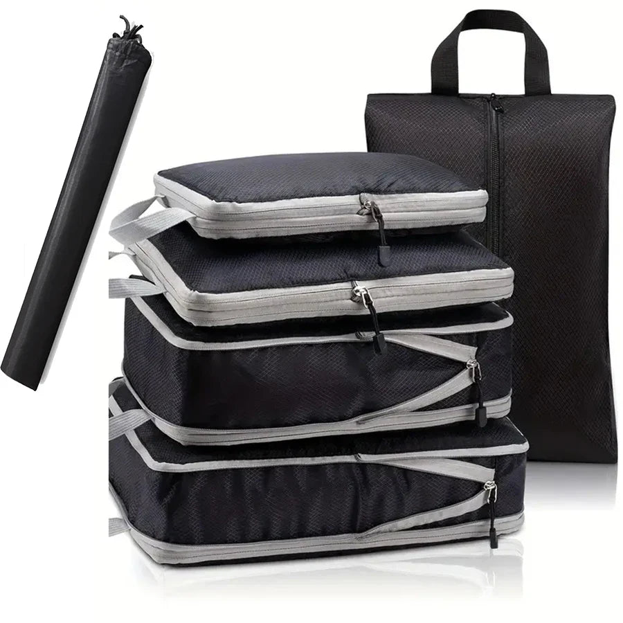 6-Piece Travel Compression Packing Cubes Set with Shoe Bag - Mesh Lightweight Luggage Organizers