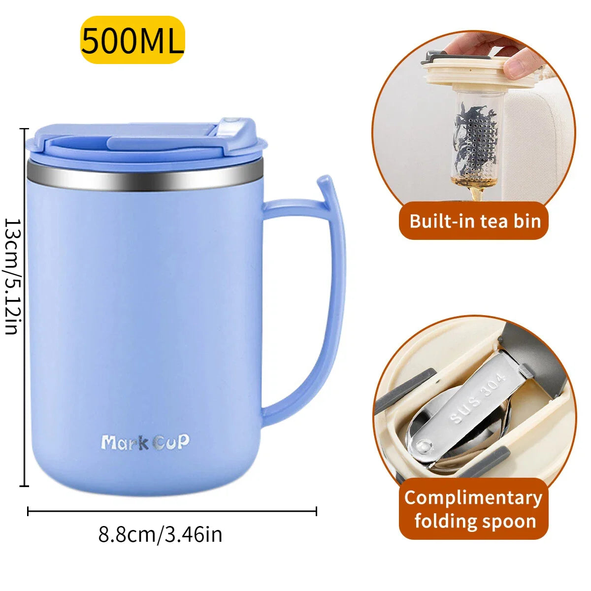 500ml (16.9oz) 304 Stainless Steel Double-Layer Insulated Travel Mug with Handle, Sealed Vacuum Flask