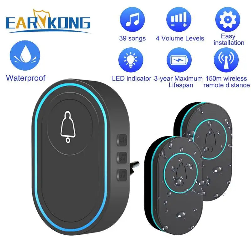 Smart Wireless Doorbell Waterproof Long Range 300m (984 ft) Remote Chime - Plug-in Options EU/UK/US, 39 Melodies