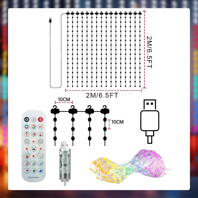 LED RGBIC Smart Curtain String Lights USB Powered App & Remote Control, Music Sync DIY Patterns, IP67 Waterproof — 1.6×1.6 m (5.25×5.25 ft) or 2.4×2.4 m (7.87×7.87 ft) for Bedroom Party Outdoor