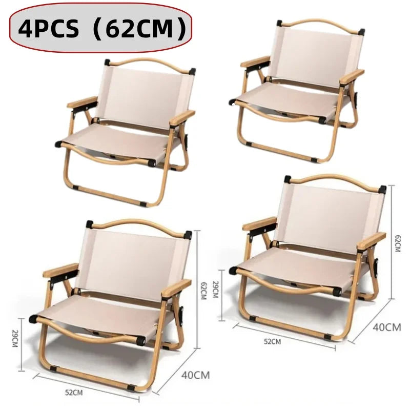Khaki Folding Camping Chair with Beech Wood Armrests – 600D Oxford Fabric, Steel Frame – Portable Outdoor Chair (1/2/4-Pack)