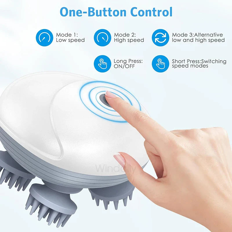 Rechargeable Electric Scalp & Head Massager — Handheld Deep-Kneading 4-Head, IPX6 Waterproof for Hair Growth, Relaxation & Pet Massage