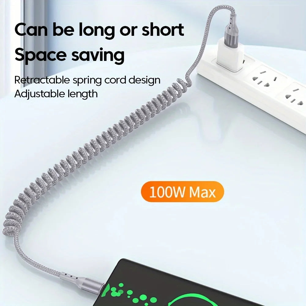 100W USB-C Coiled Car Fast Charging Cable – PD 100W Fast Charge & 60W Data Sync, USB 3.1 Type-C