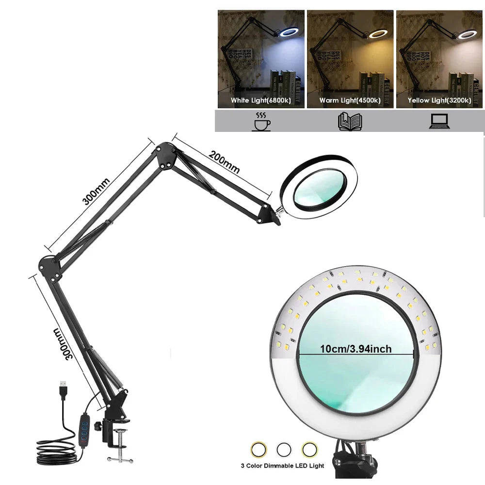 72-LED 4.2-Inch (106 mm) 8X/10X USB Illuminated Magnifying Lamp — 3-Color LED, Adjustable Swing Arm Clamp for Soldering, Repair & Beauty