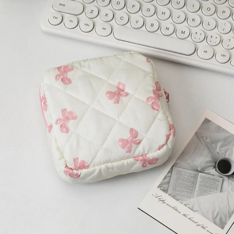 Large Capacity Period Pouch - Cute Cartoon Bow Sanitary Napkin & Tampon Organizer Bag