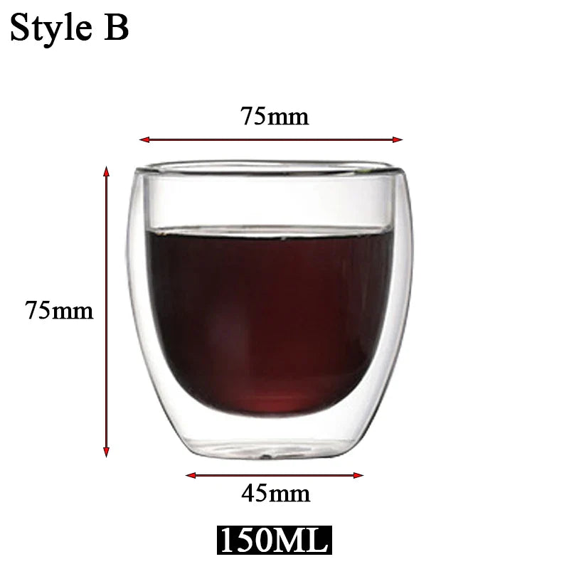 Clear Double Wall Insulated Glass Cups — 5 Sizes | Coffee, Espresso, Tea, Beer & Whiskey Mugs