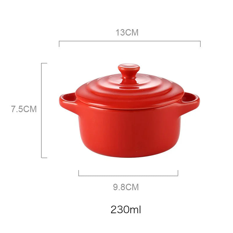 Porcelain Double-Handle Ceramic Bowl with Lid — Microwave & Steam Safe (13×7.5×9.8 cm | 5.12×2.95×3.86 in) for Steamed Eggs, Pudding & Soup