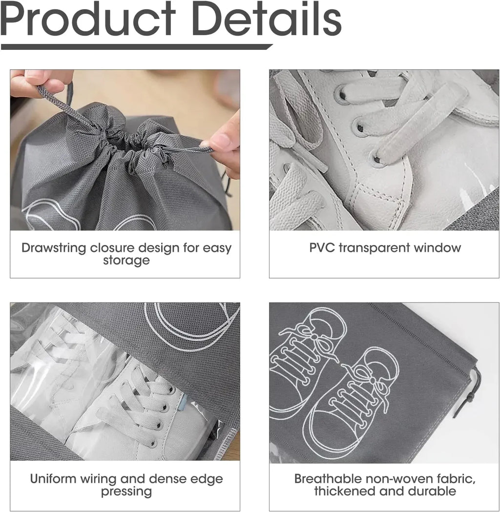 5/10-Pack Non-Woven Drawstring Shoe Bags — Dust-Proof Travel Shoe Storage Organizer (36×27 cm / 14.2×10.6 in; 44×32 cm / 17.3×12.6 in)
