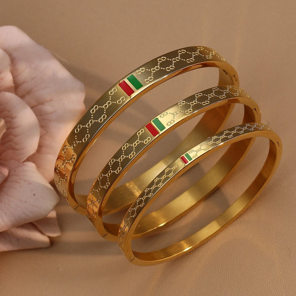 18 K Gold Plated Stainless Steel  55 MM Red/Green Bangles  , Fashionable Jewelry For Men And Women Wholesale