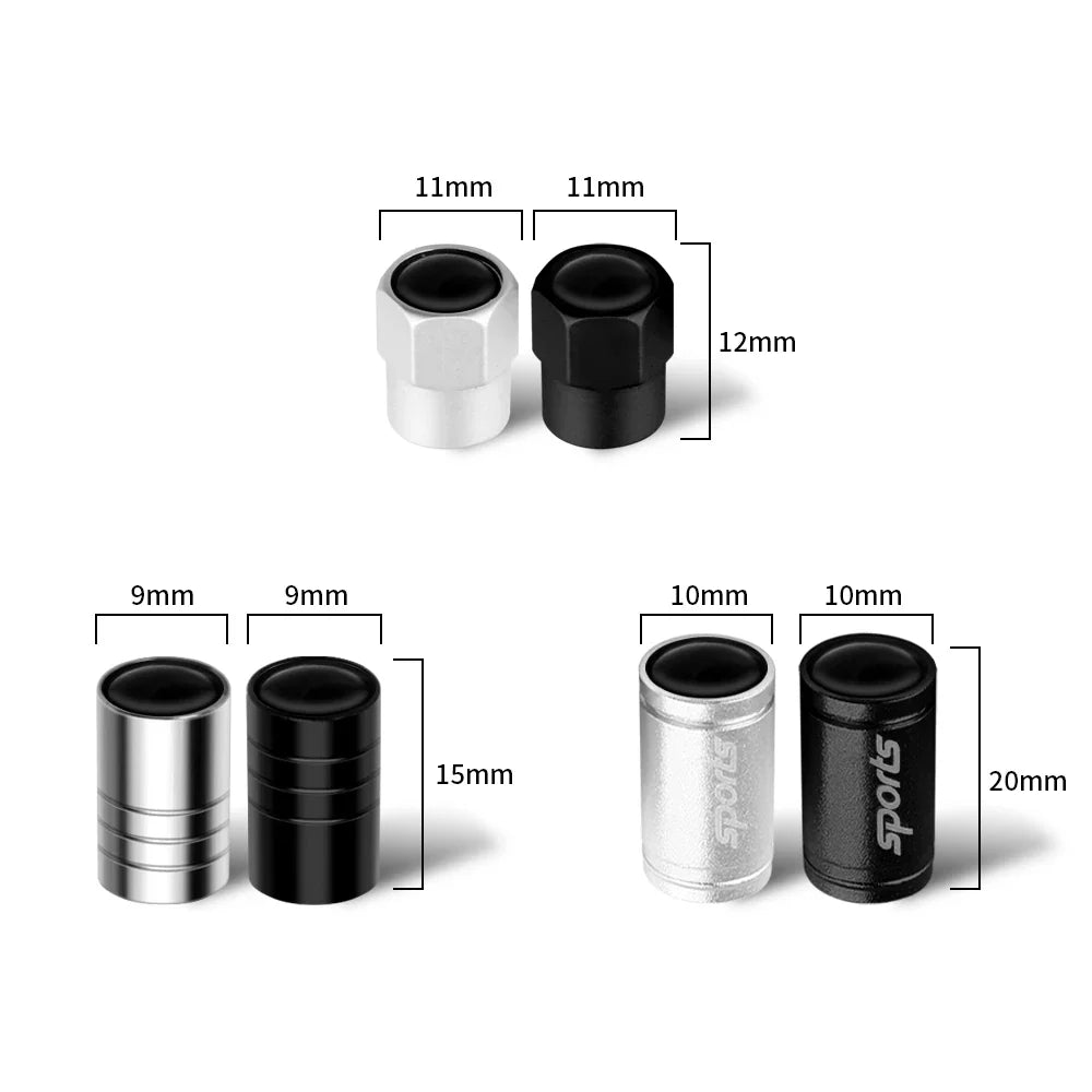 4-Pack Metal Tire Valve Stem Caps – Aluminum Alloy Wheel Valve Covers, Universal Fit (Silver/Black)