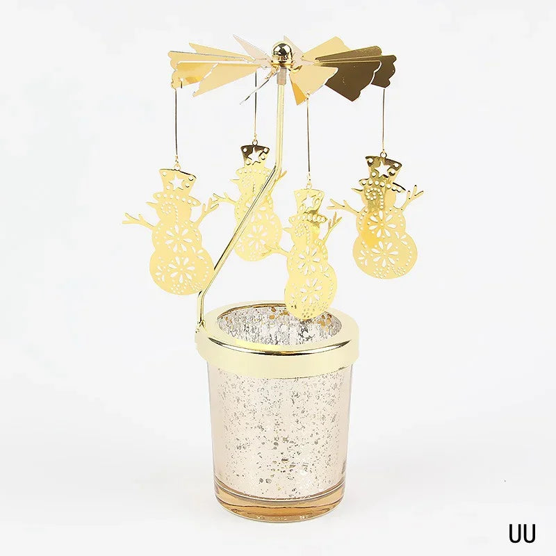 Rotating Tea Light Candle Holder Carousel Stand 6.7x3.1in (17x8cm) Metal Spinning Candlestick Gold Silver Home Party Christmas Decor Gift