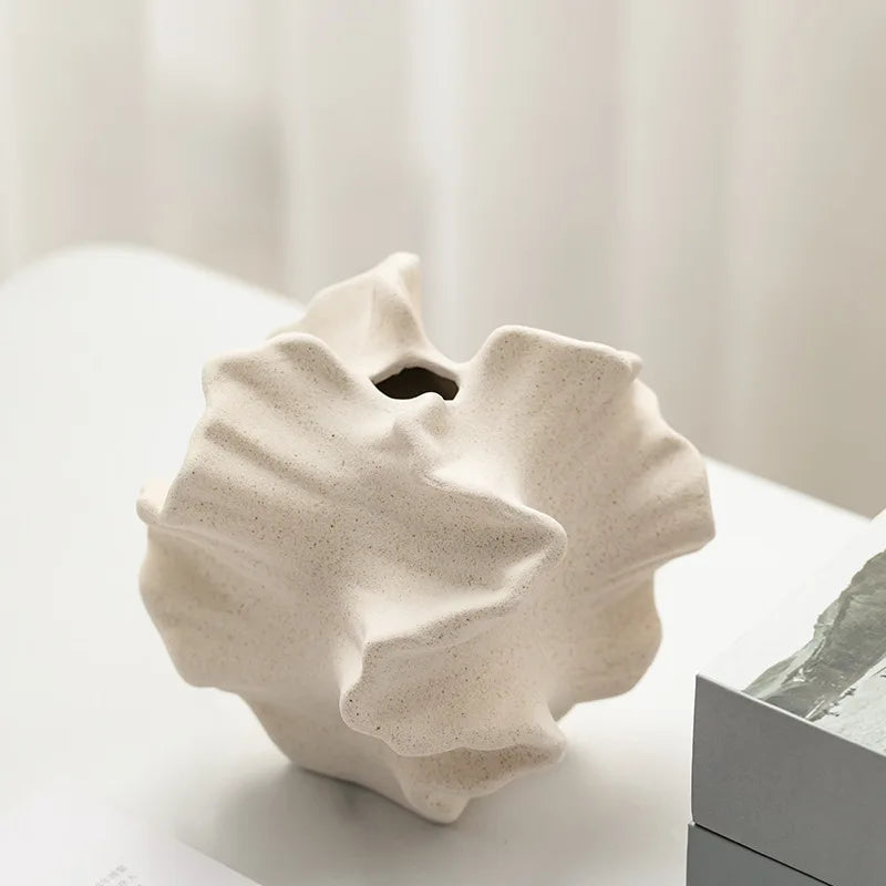 Porcelain Ceramic Vase with Geometric Wavy Petal Design — Tabletop Flower Vase for Home Decor