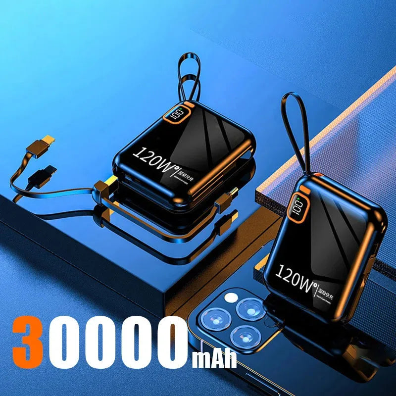 120W 50000mAh Portable Power Bank - Built-in Cables, LED Display & Flashlight, Two-Way Fast Charging for iPhone Samsung