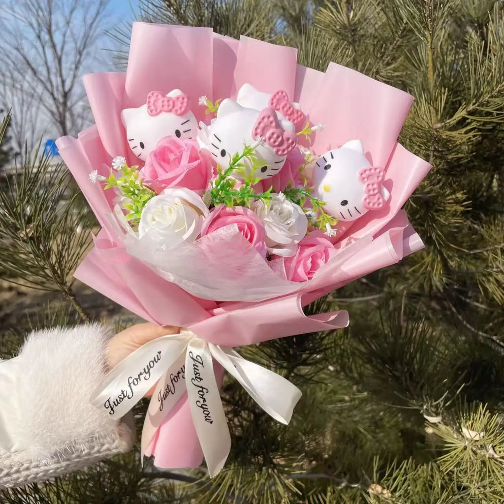 Kawaii Cat Plush Bouquet with Artificial Flowers — Cute Plush Doll Gift for Her, Valentine, Birthday, Graduation