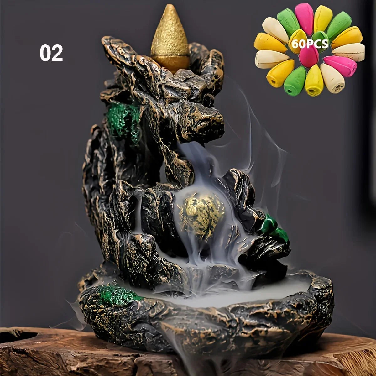 Backflow Incense Burner Fountain - Mountain River Waterfall Resin Smoke Censer with 60 Incense Cones