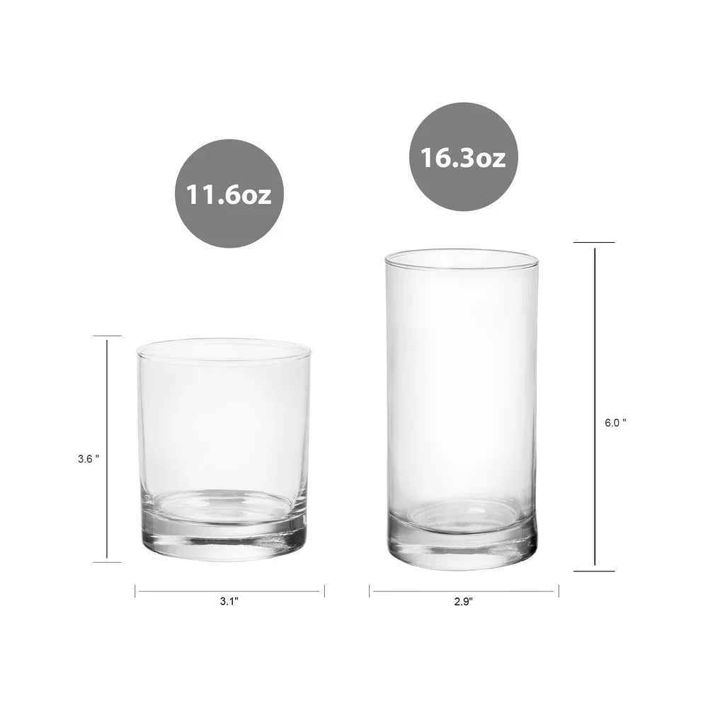 12-Piece Clear Drinkware Set — 6×16 oz (473 ml) Cooler & 6×11 oz (325 ml) Rocks Glasses, Durable Tableware for Juice, Water & Mixed Drinks