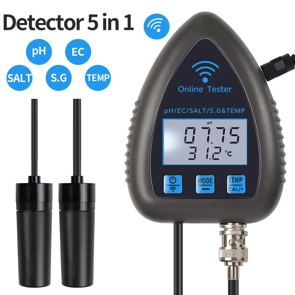 5-in-1 WiFi & Bluetooth Water Quality Monitor — pH, TDS/EC, Salinity, Specific Gravity & Temp for Aquariums, Hydroponics & Aquaculture