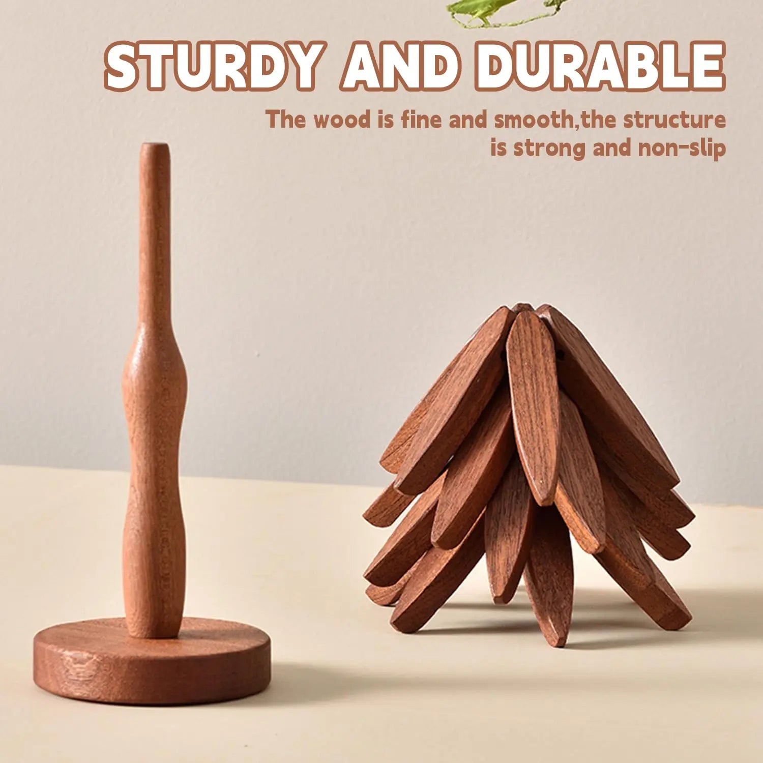 Tree-Shaped Wooden Trivet Set – 4 Foldable Trivets + Stand | Natural Wood Hot Pads for Pots, Teapots & Bowls