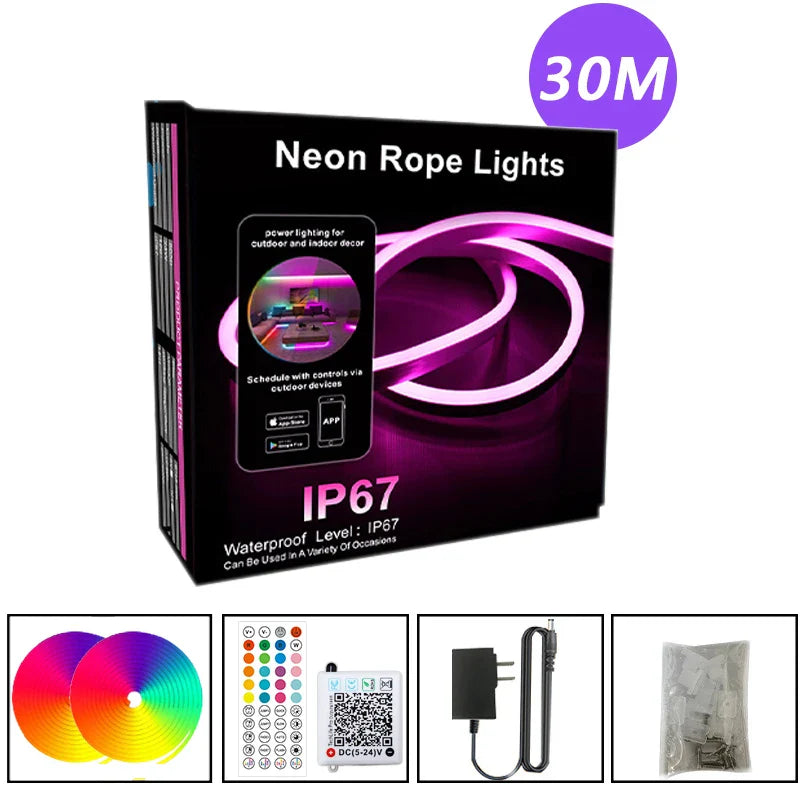 EU Plug 24V RGB Neon LED Rope Light Strip - Bluetooth Music Sync, Waterproof IP67 - 5/10/15/20/30M (16.4/32.8/49.2/65.6/98.4 ft)